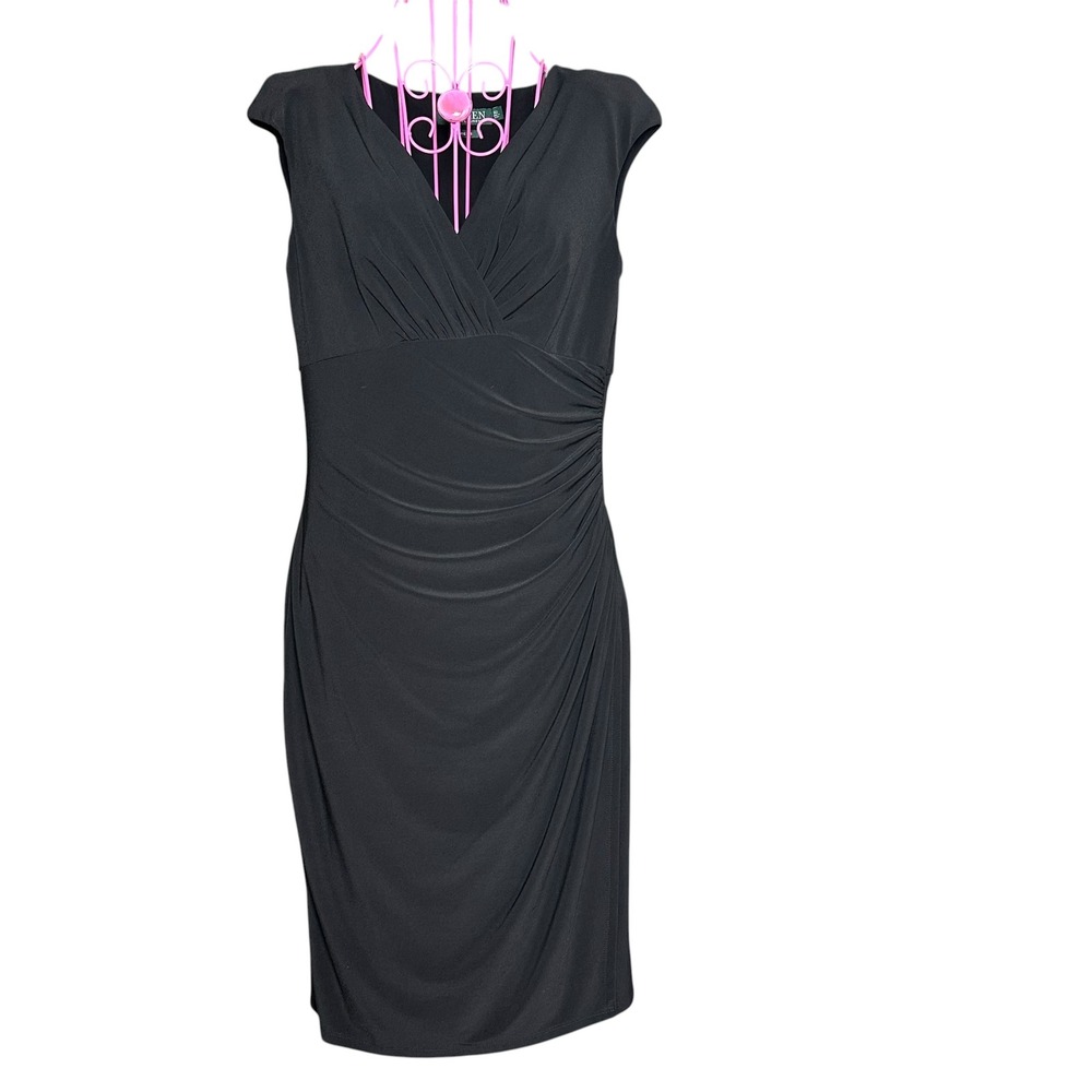 Lauren Ralph Lauren Ruched V-Neck Sheath Dress Black Size 8 LBD Cocktail Career